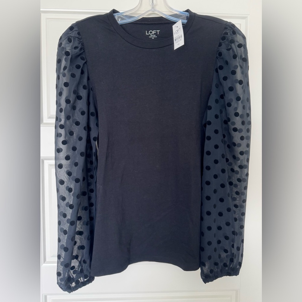 LOFT Dotted‎ Mixed Media Top NWT Size XS Black